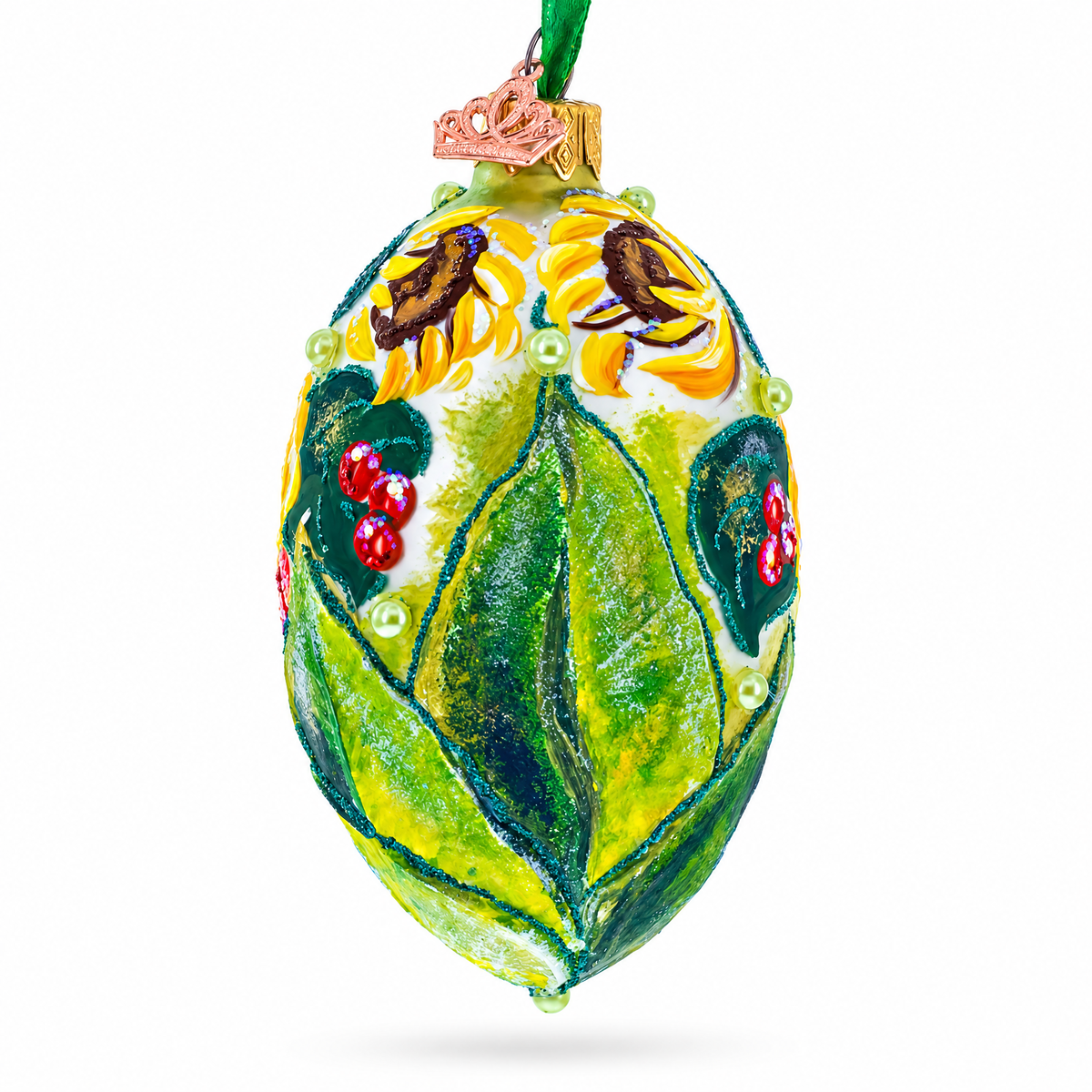 Sunflowers and Berries Glass Egg Ornament 4 Inches