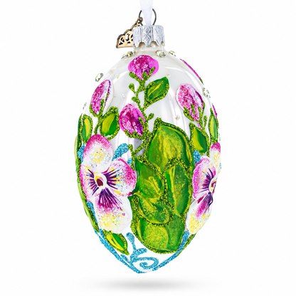 Flowers on White Glass Egg Ornament 4 Inches