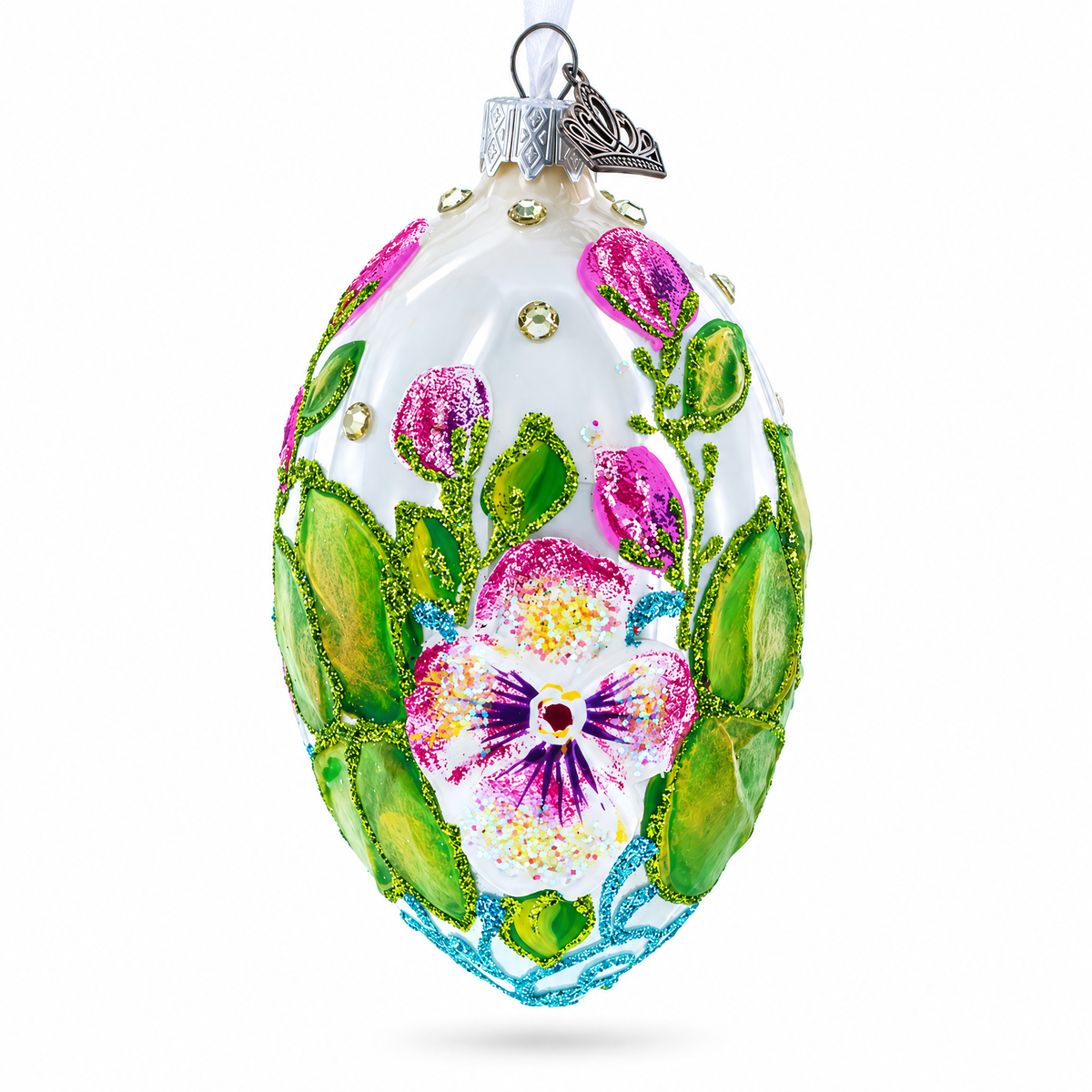 Flowers on White Glass Egg Ornament 4 Inches