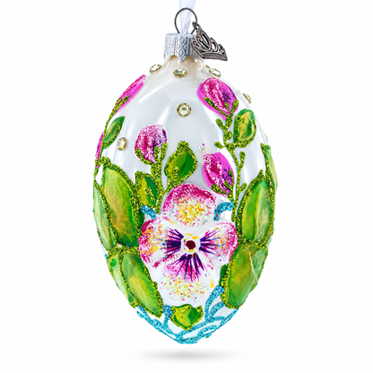 Flowers on White Glass Egg Ornament 4 Inches