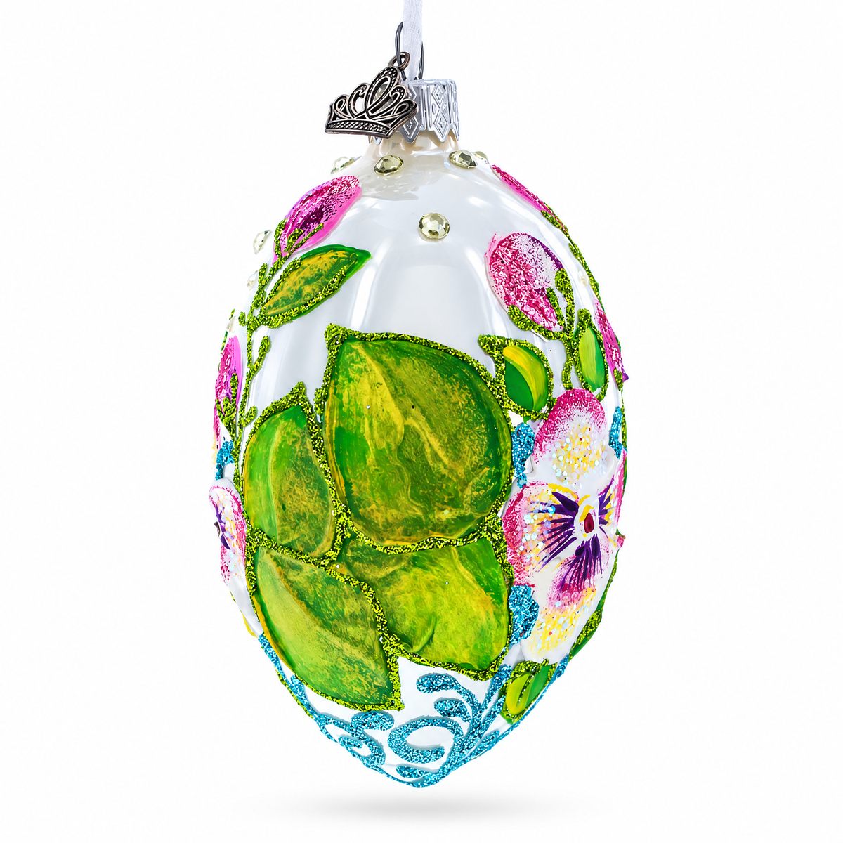 Flowers on White Glass Egg Ornament 4 Inches