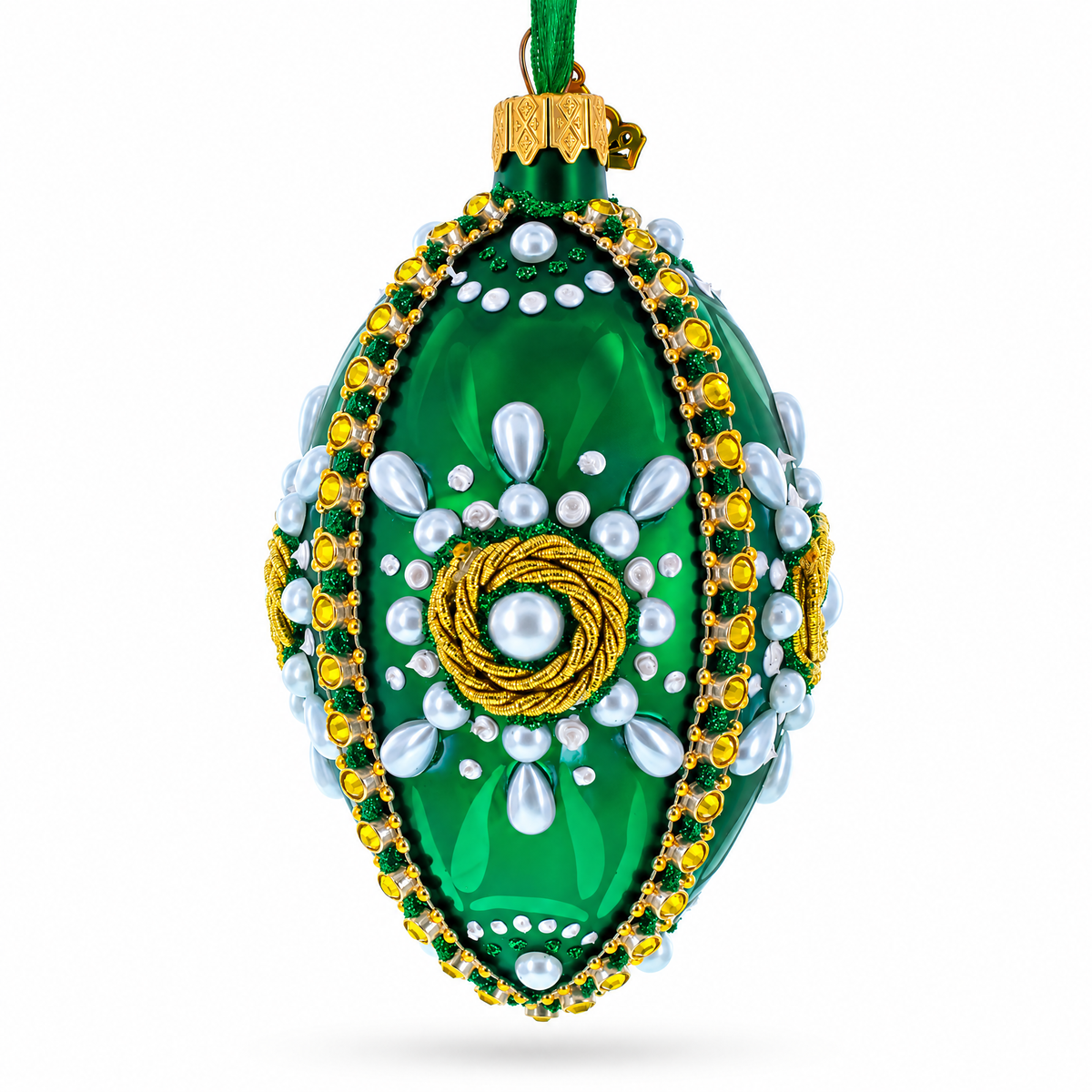 White Pearls on Green Glass Egg Christmas Ornament 4 Inches