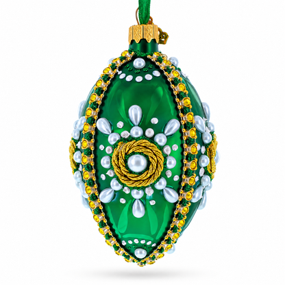 White Pearls on Green Glass Egg Christmas Ornament 4 Inches