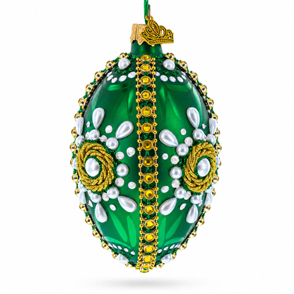 White Pearls on Green Glass Egg Christmas Ornament 4 Inches