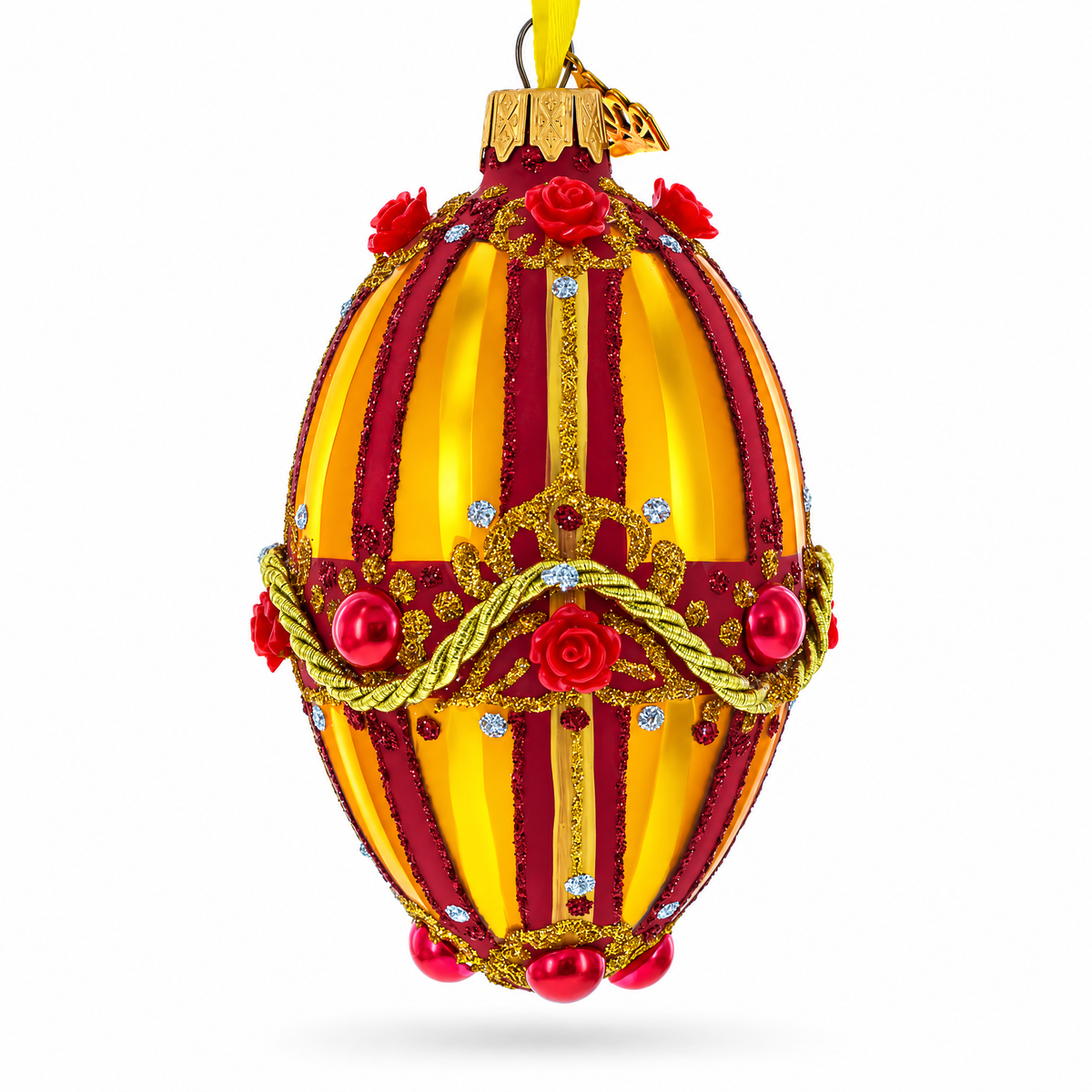 Golden Stripes over Pearls and Roses Glass Egg Christmas Ornament 4 Inches