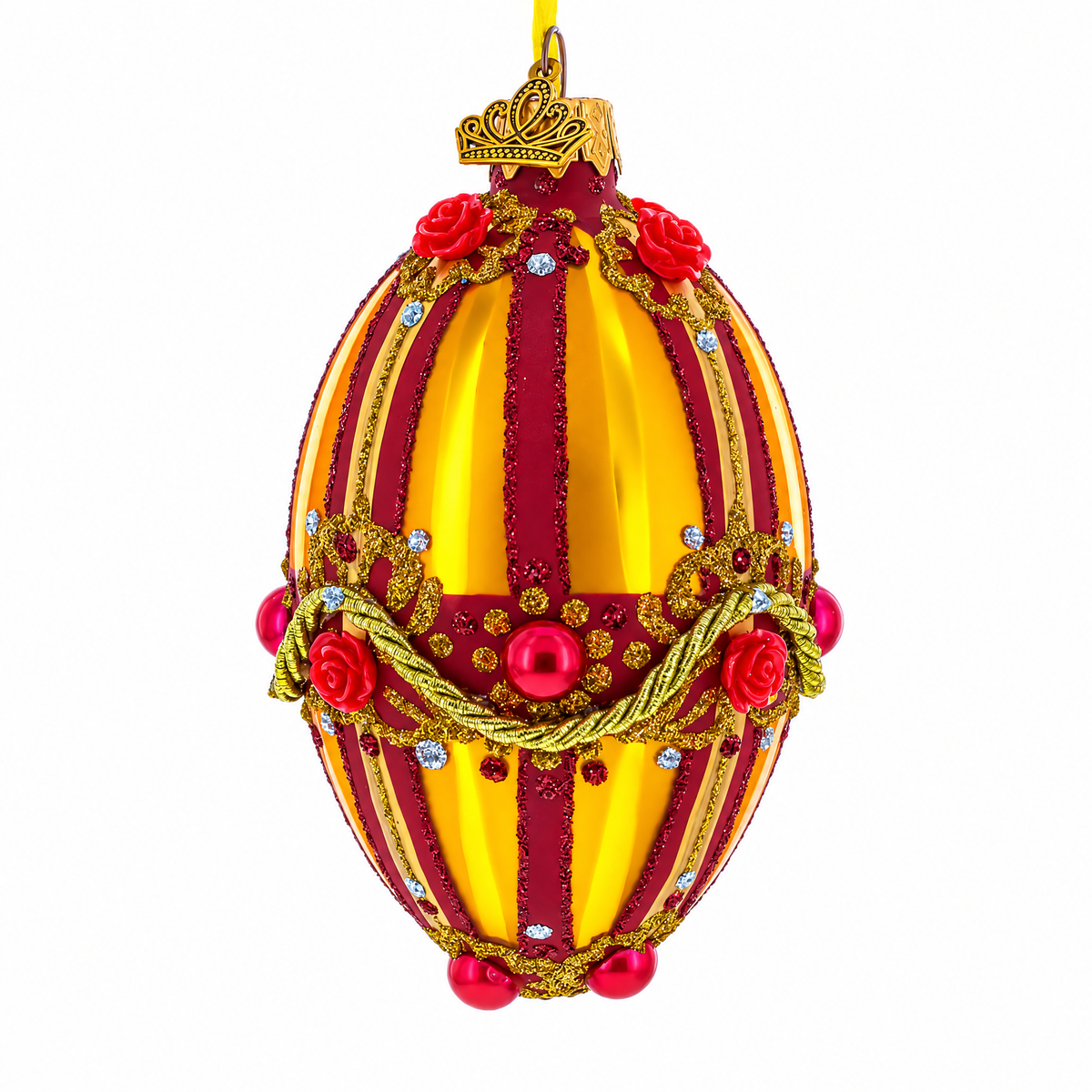 Golden Stripes over Pearls and Roses Glass Egg Christmas Ornament 4 Inches