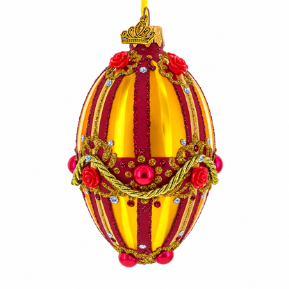 Golden Stripes over Pearls and Roses Glass Egg Christmas Ornament 4 Inches