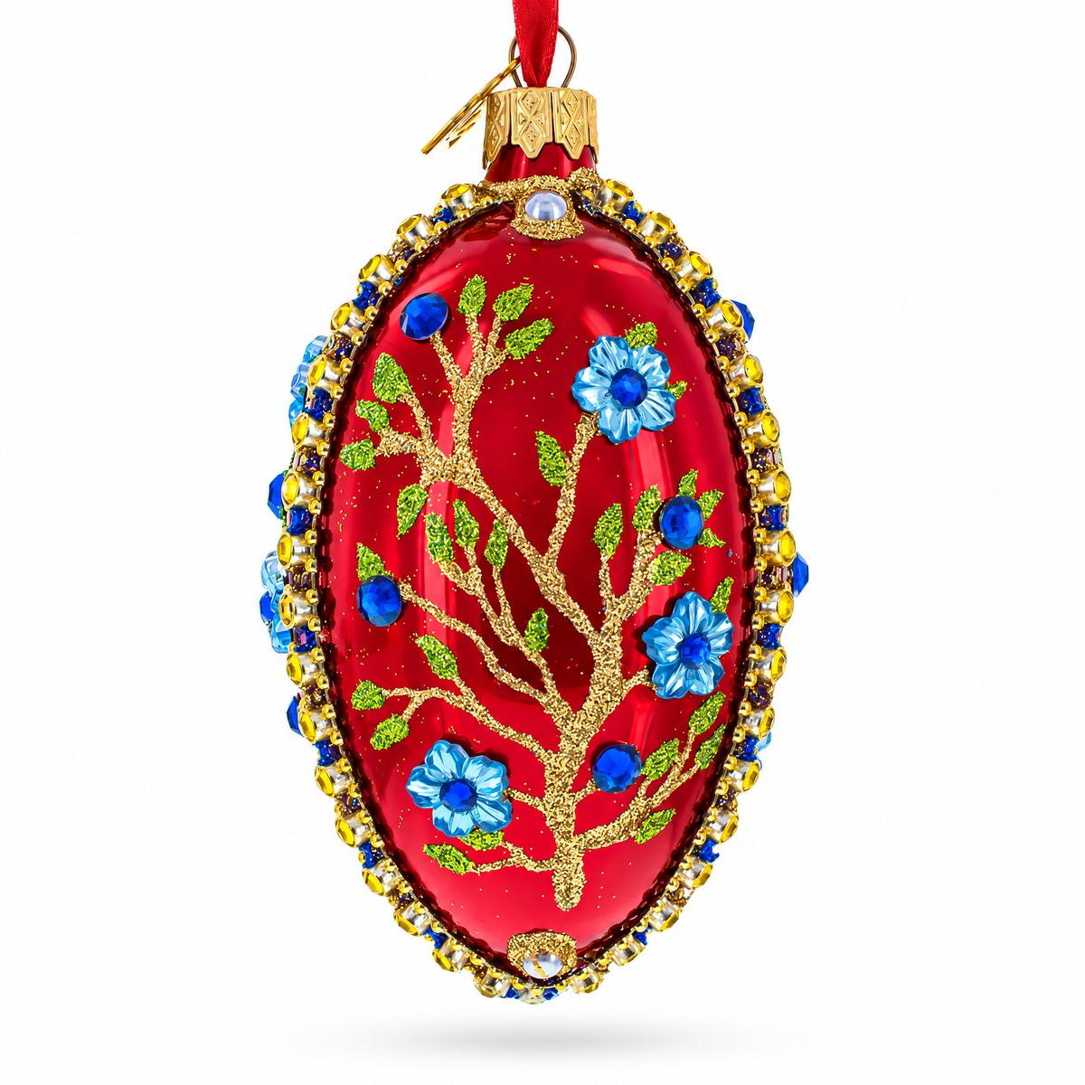 Blue Bejeweled Flowers on Red Glass Egg Ornament 4 Inches