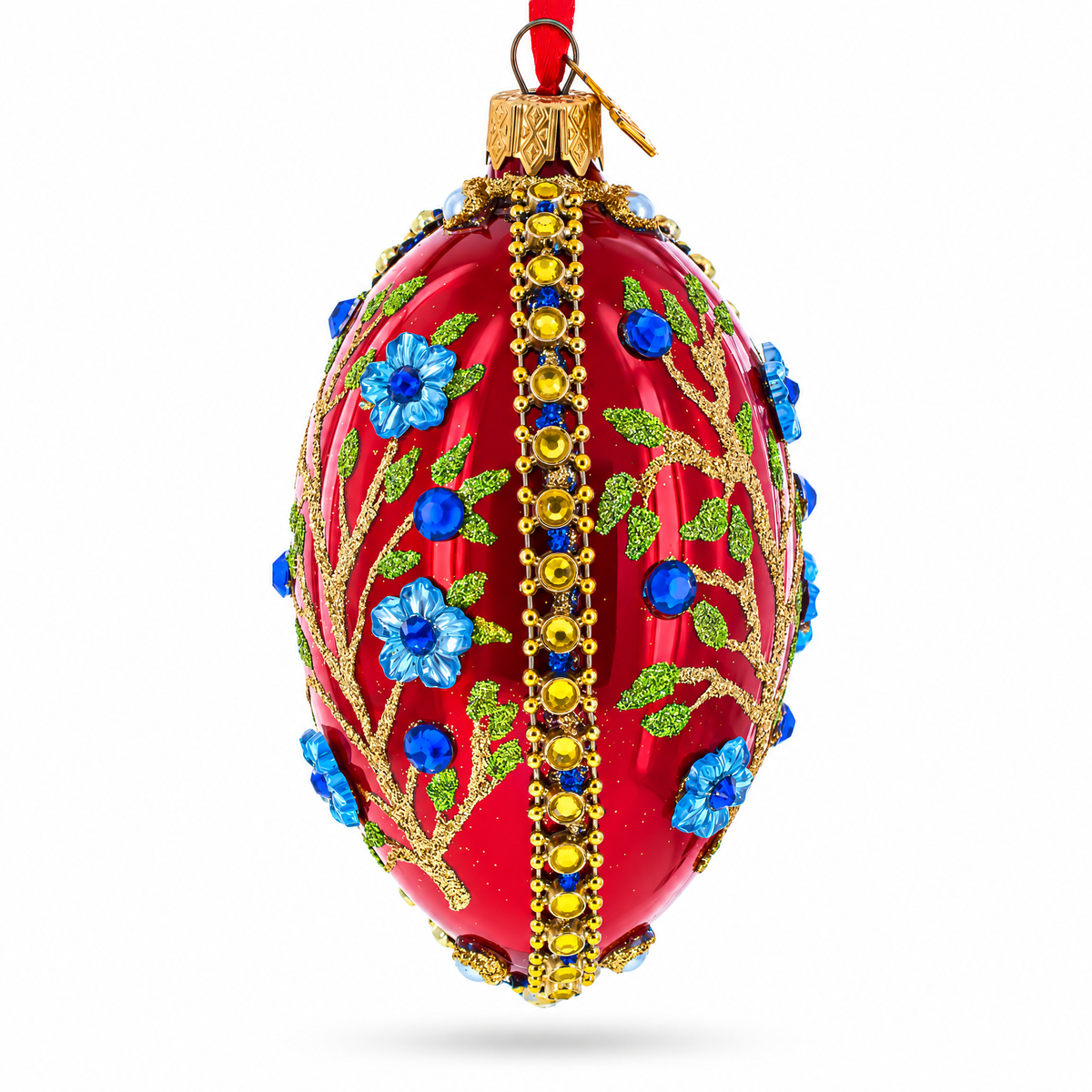 Blue Bejeweled Flowers on Red Glass Egg Ornament 4 Inches