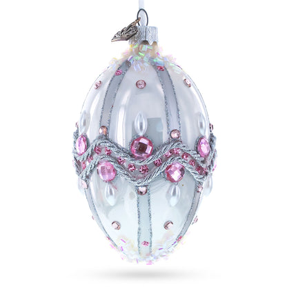Pink Jewels on Striped Glass Egg Ornament 4 Inches