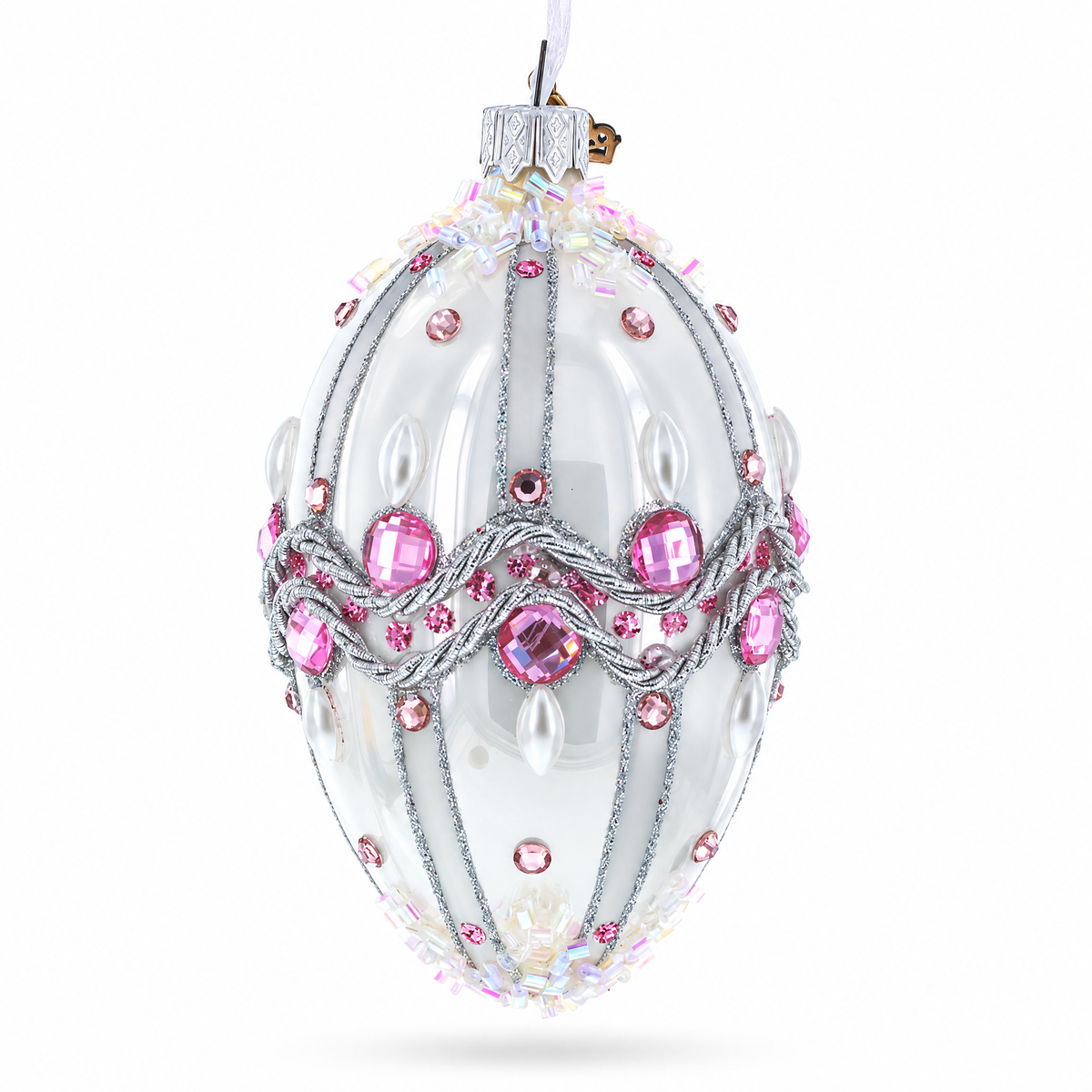 Pink Jewels on Striped Glass Egg Ornament 4 Inches