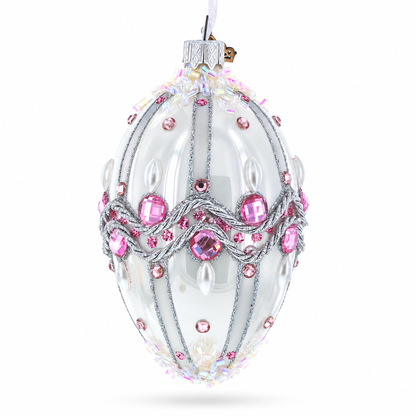 Pink Jewels on Striped Glass Egg Ornament 4 Inches