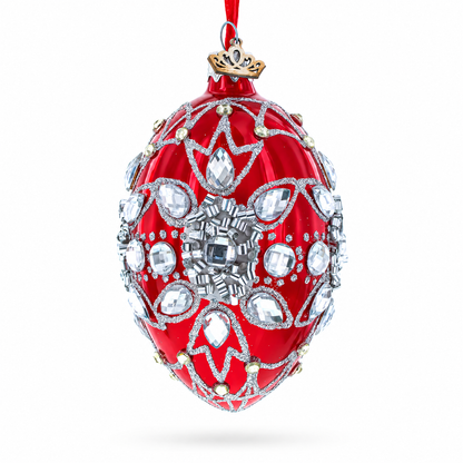 Diamond Star on Red Glass Egg Christmas Ornament 4 Inches