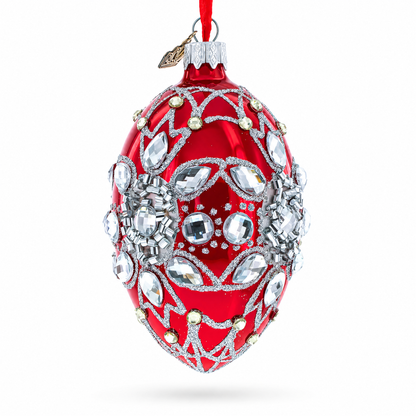 Diamond Star on Red Glass Egg Christmas Ornament 4 Inches