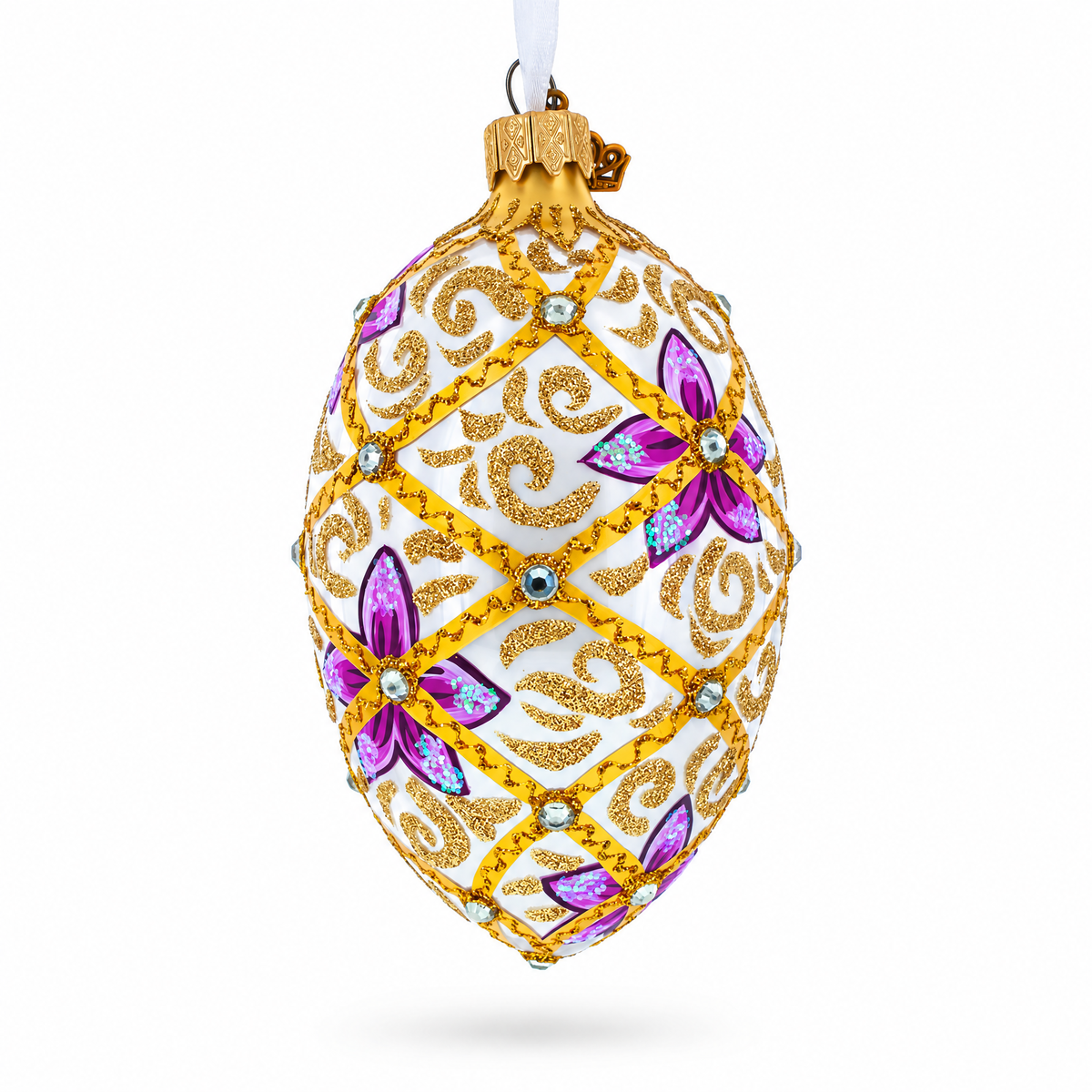 Purple Flowers on Golden Scroll Glass Egg Christmas Ornament 4 Inches
