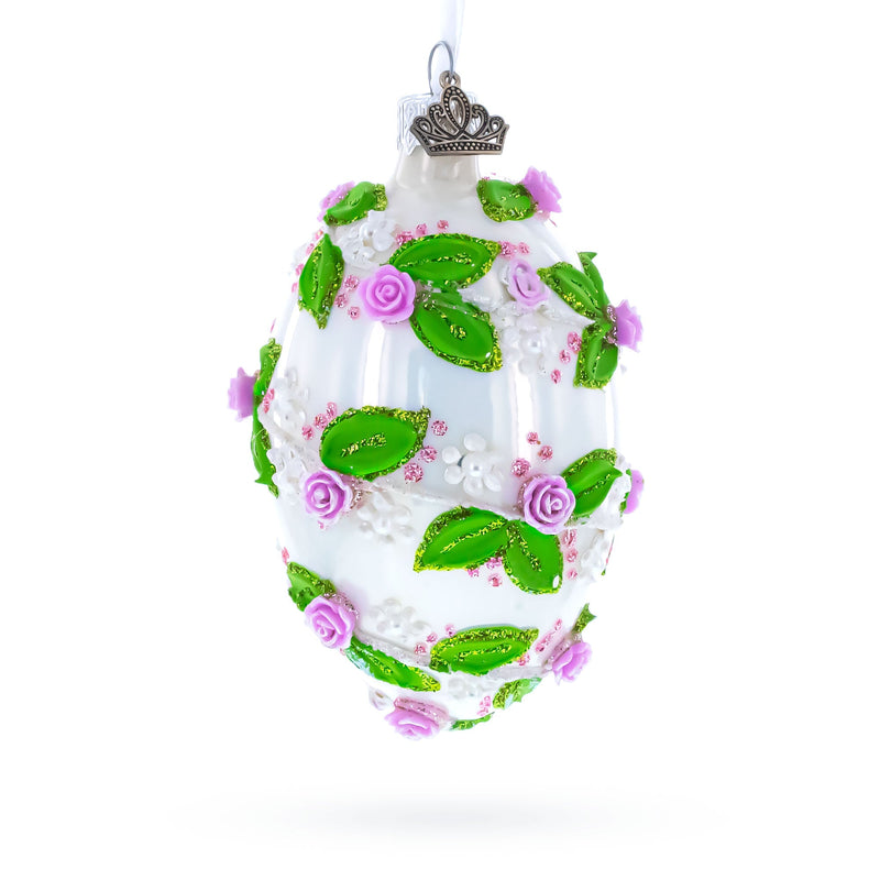 3D Roses in Silver Spiral Glass Egg Ornament 4 Inches