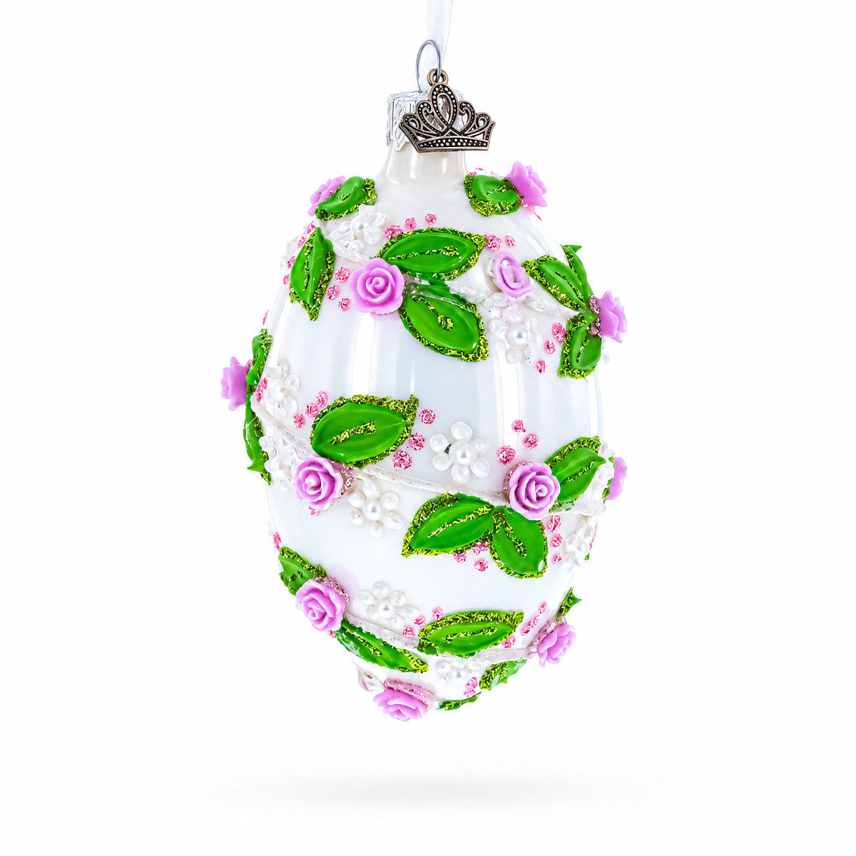 3D Roses in Silver Spiral Glass Egg Ornament 4 Inches