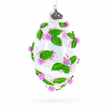 3D Roses in Silver Spiral Glass Egg Ornament 4 Inches