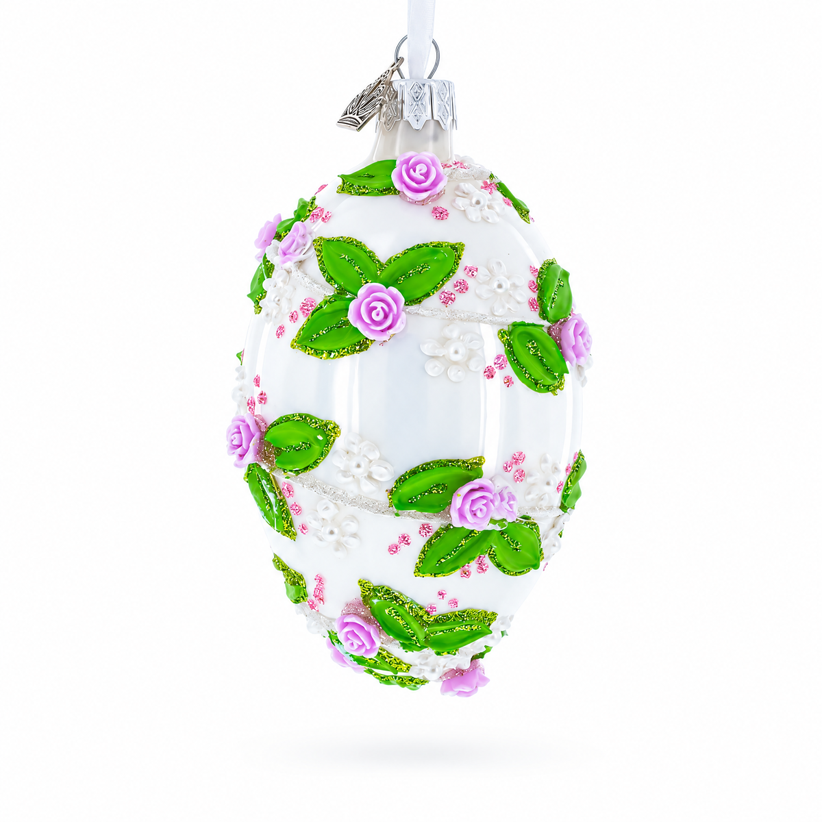 3D Roses in Silver Spiral Glass Egg Ornament 4 Inches