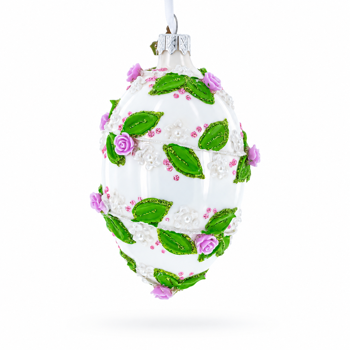 3D Roses in Silver Spiral Glass Egg Ornament 4 Inches
