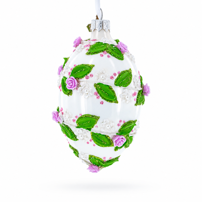 3D Roses in Silver Spiral Glass Egg Ornament 4 Inches