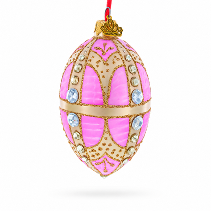 Diamonds on Gold and Pink Glass Egg Ornament 4 Inches