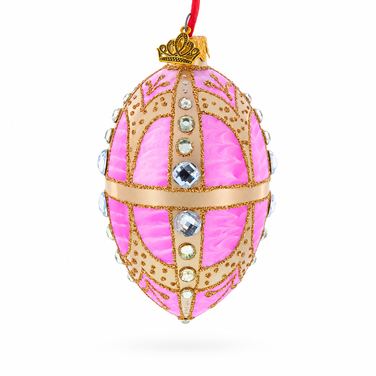 Diamonds on Gold and Pink Glass Egg Ornament 4 Inches