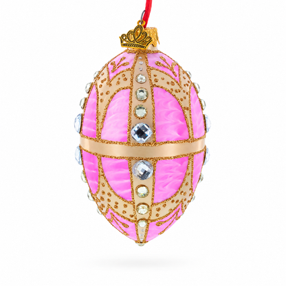 Diamonds on Gold and Pink Glass Egg Ornament 4 Inches