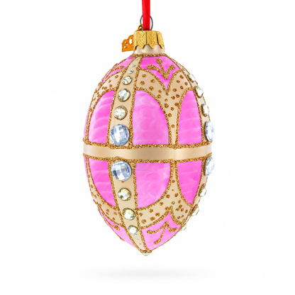 Diamonds on Gold and Pink Glass Egg Ornament 4 Inches