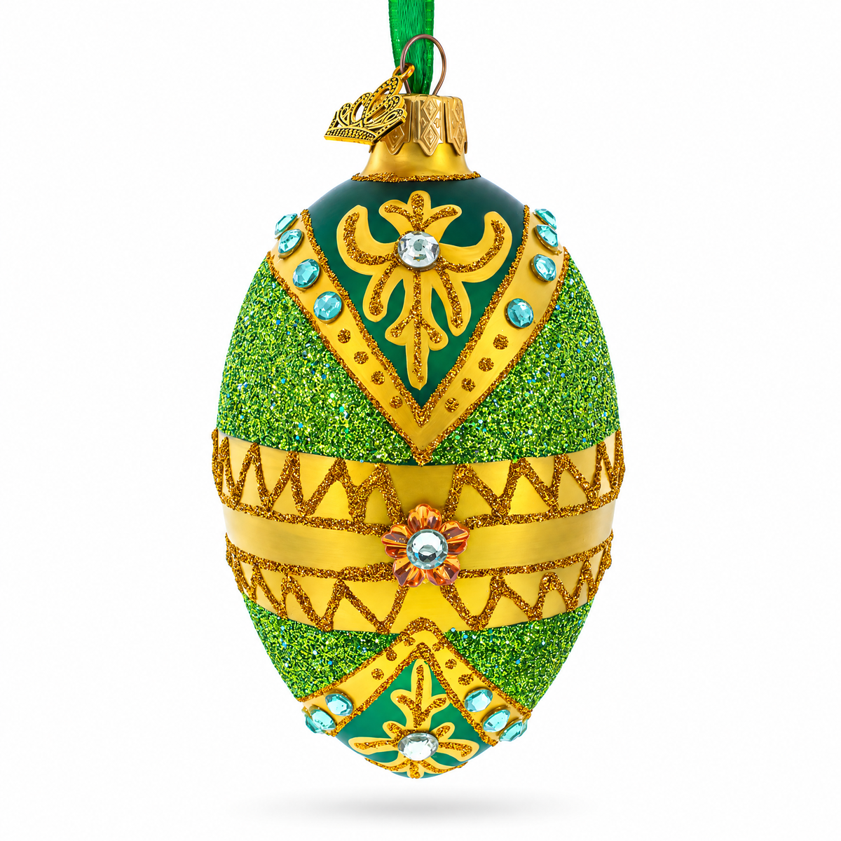 White Jewels on Glittered Green Glass Egg Ornament 4 Inches