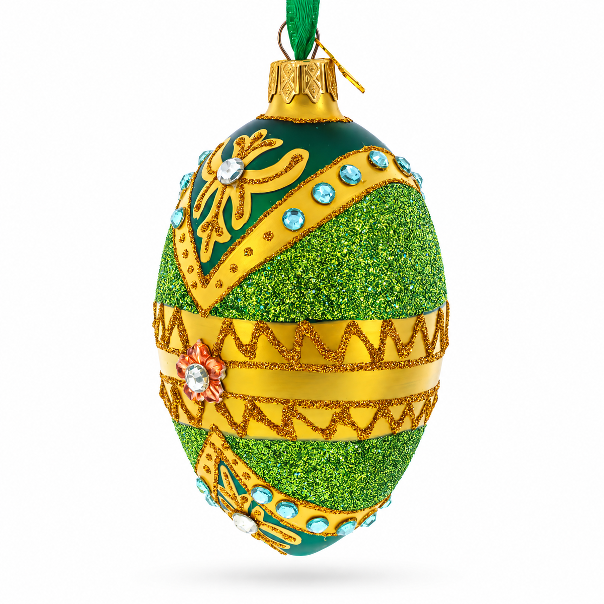 White Jewels on Glittered Green Glass Egg Ornament 4 Inches