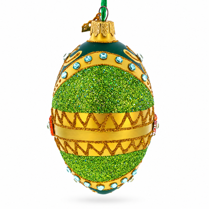 White Jewels on Glittered Green Glass Egg Ornament 4 Inches