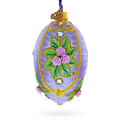 3D Roses Bouquet on Purple Glass Egg Ornament 4 Inches