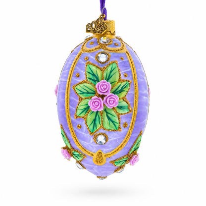 3D Roses Bouquet on Purple Glass Egg Ornament 4 Inches