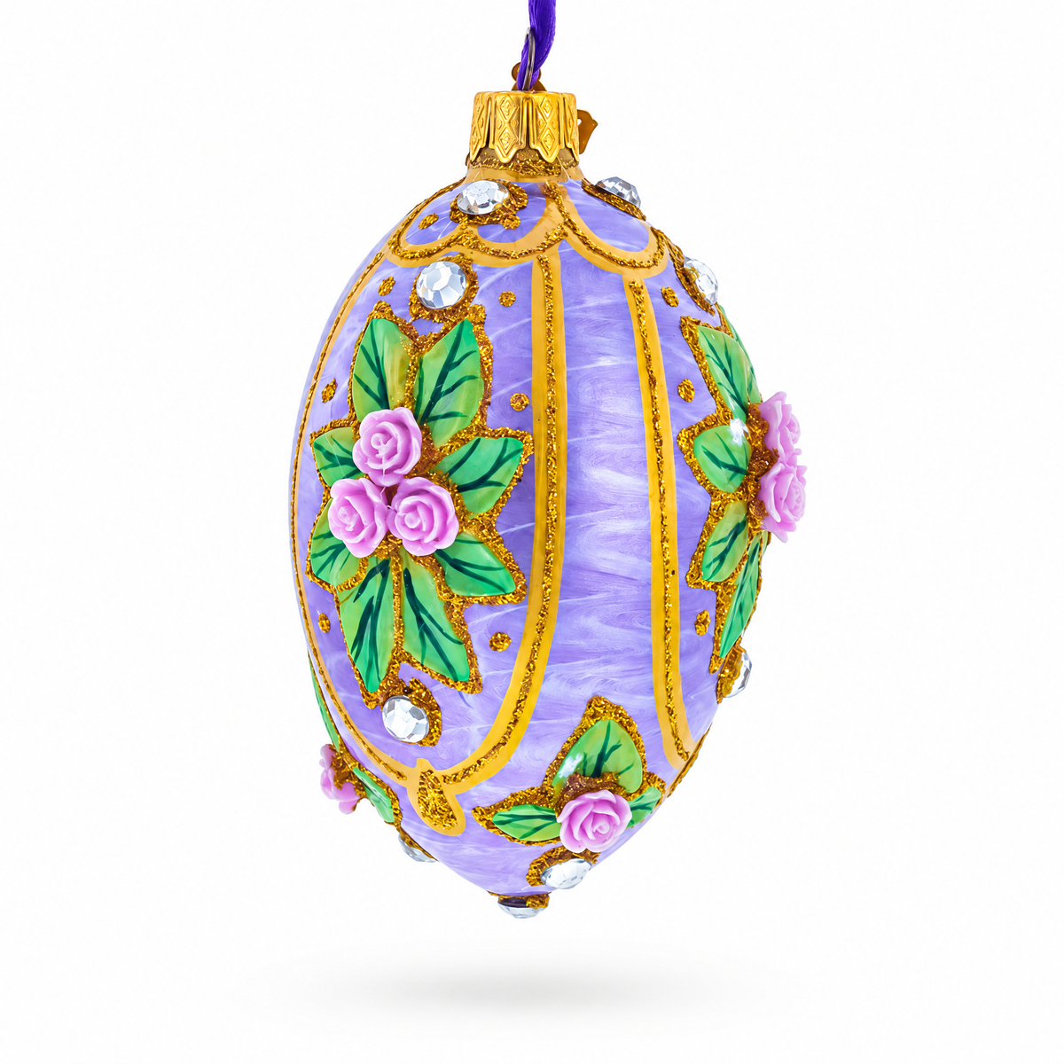 3D Roses Bouquet on Purple Glass Egg Ornament 4 Inches