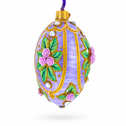 3D Roses Bouquet on Purple Glass Egg Ornament 4 Inches