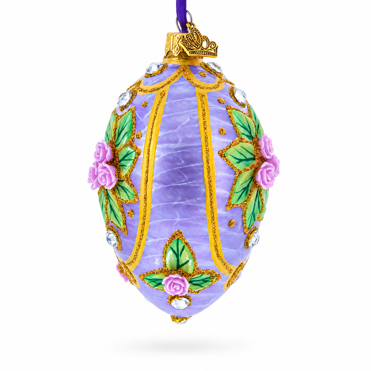 3D Roses Bouquet on Purple Glass Egg Ornament 4 Inches