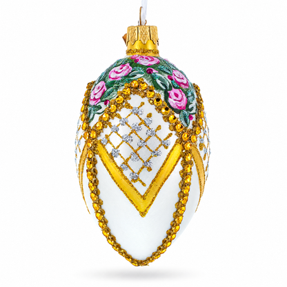 Roses on Bejeweled Rhombus Glass Egg Ornament 4 Inches
