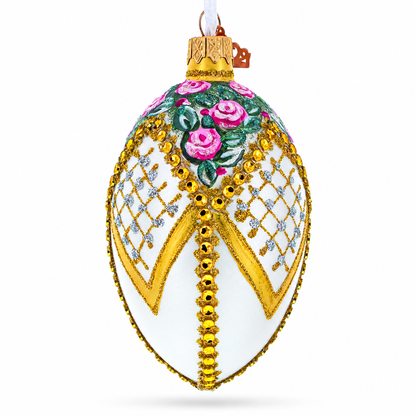 Roses on Bejeweled Rhombus Glass Egg Ornament 4 Inches