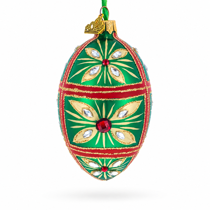 Red Jewel on Green Glass Egg Ornament 4 Inches