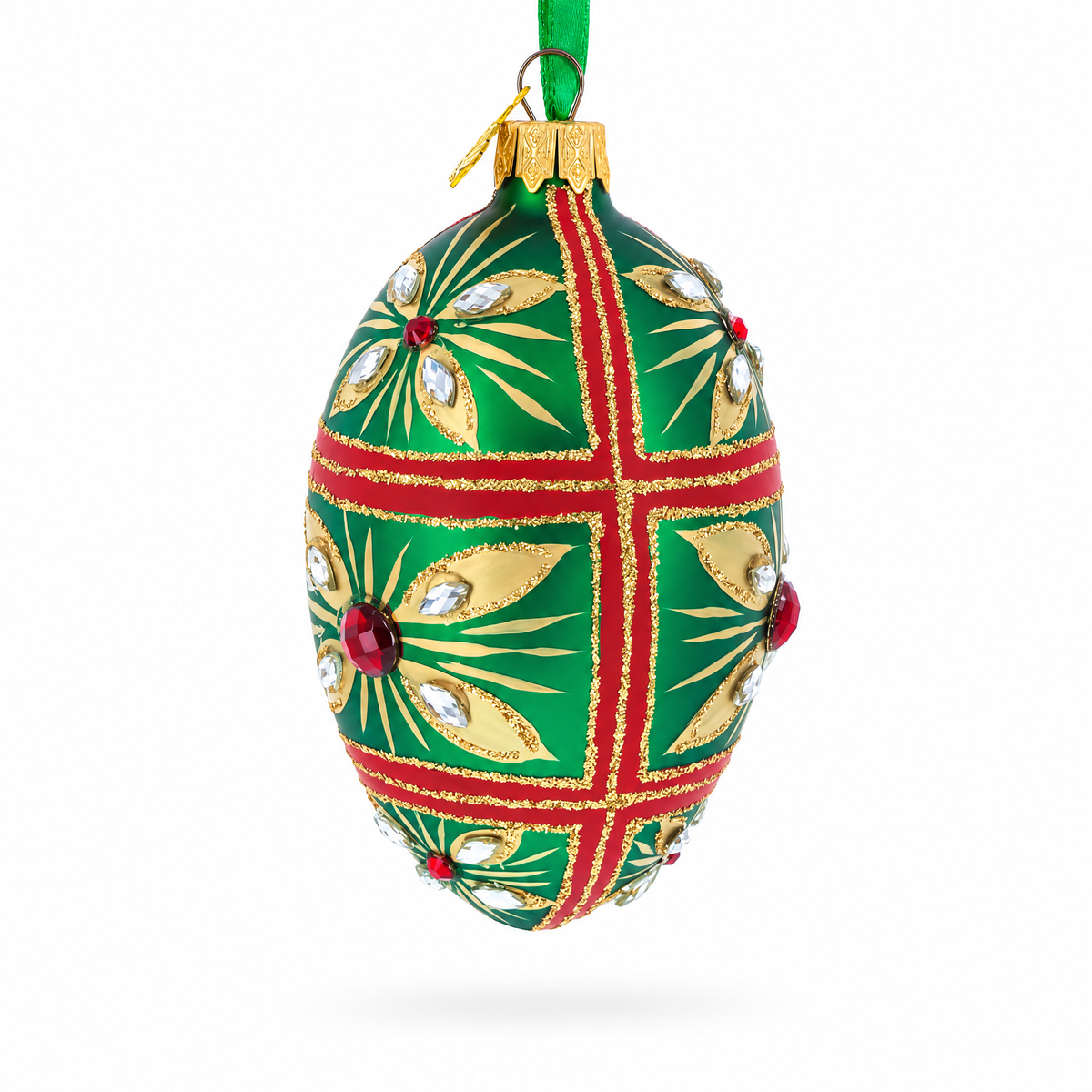 Red Jewel on Green Glass Egg Ornament 4 Inches
