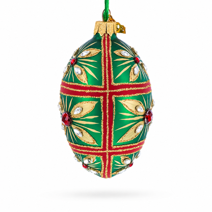 Red Jewel on Green Glass Egg Ornament 4 Inches