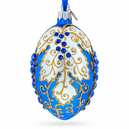 Blue Grapes on White Glass Egg Ornament 4 Inches