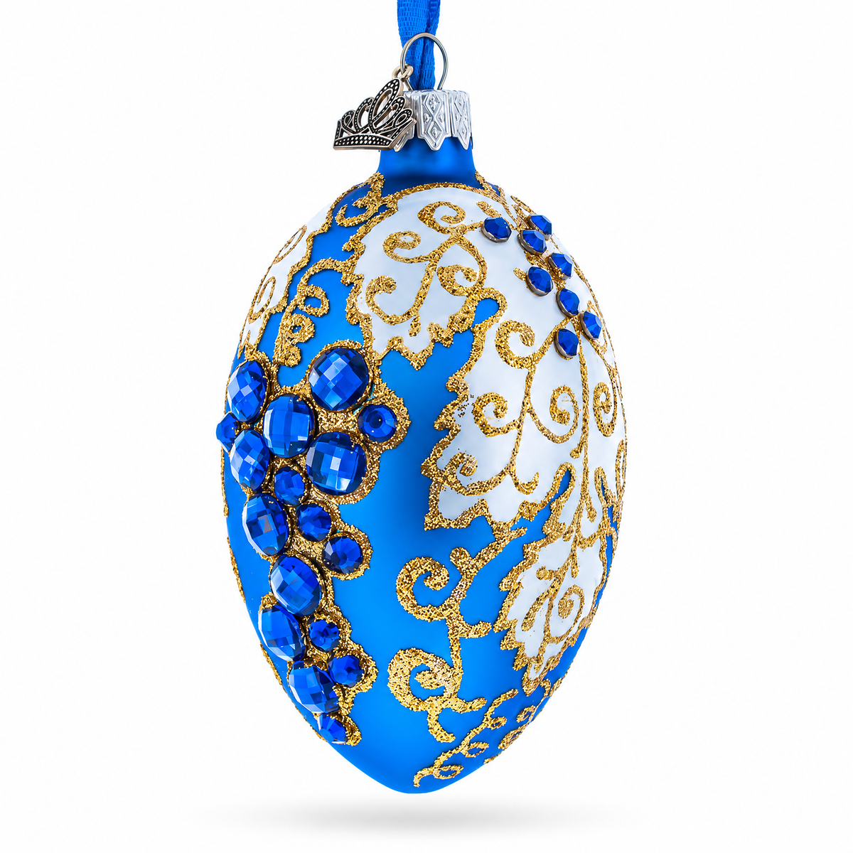 Blue Grapes on White Glass Egg Ornament 4 Inches
