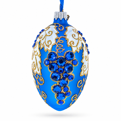 Blue Grapes on White Glass Egg Ornament 4 Inches