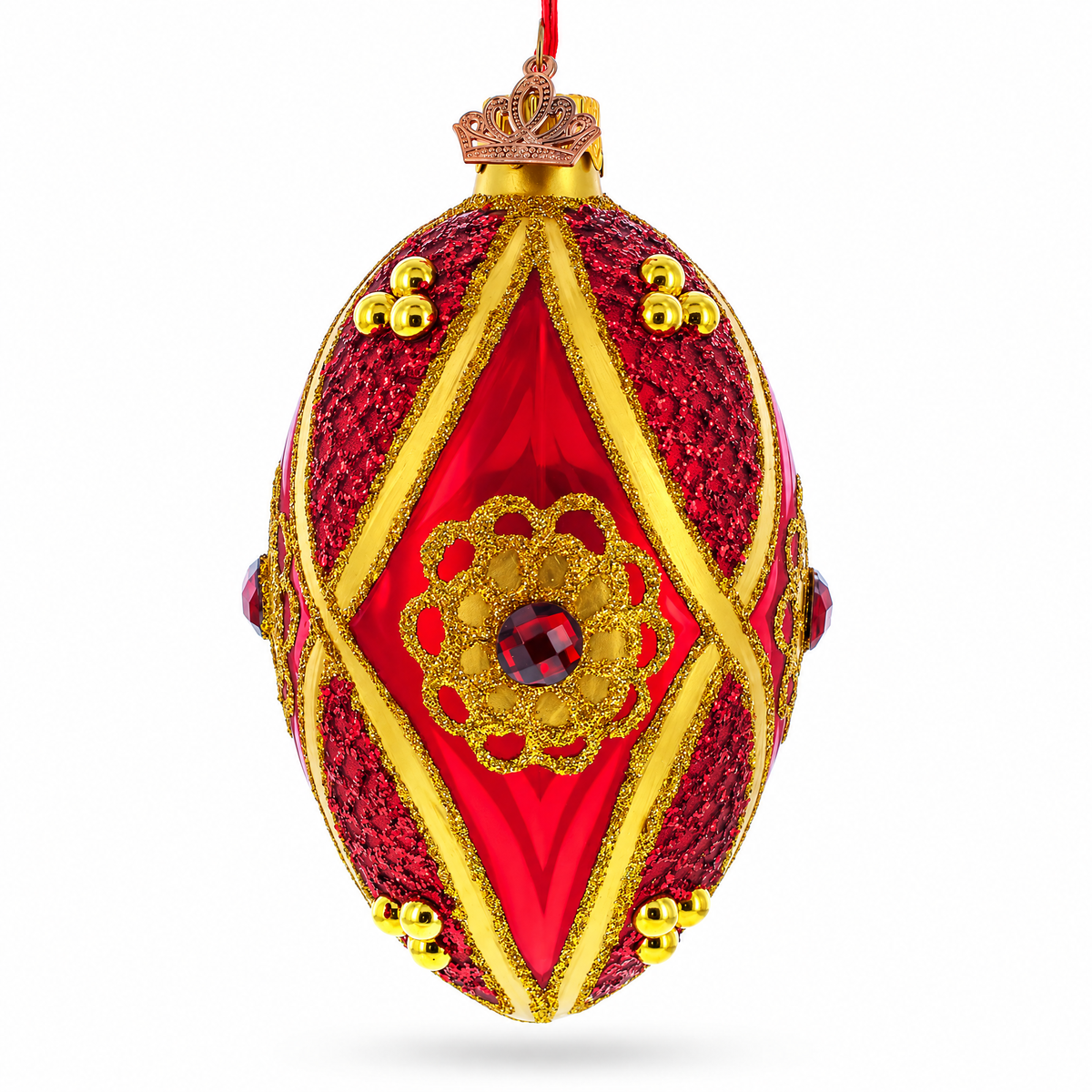 Red Jewel on Red Glass Egg Ornament 4 Inches