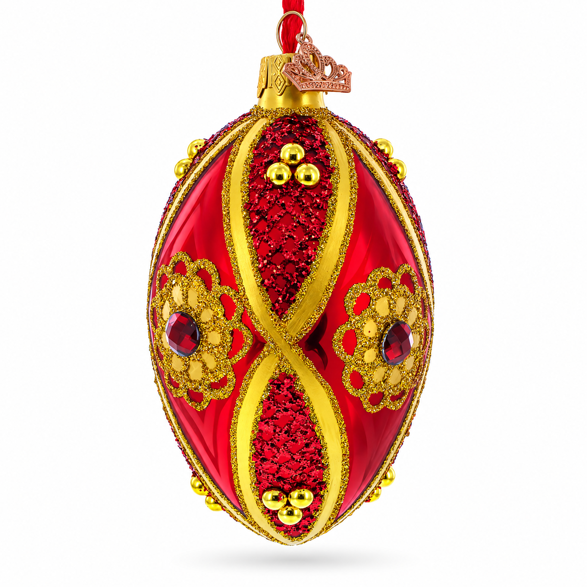 Red Jewel on Red Glass Egg Ornament 4 Inches