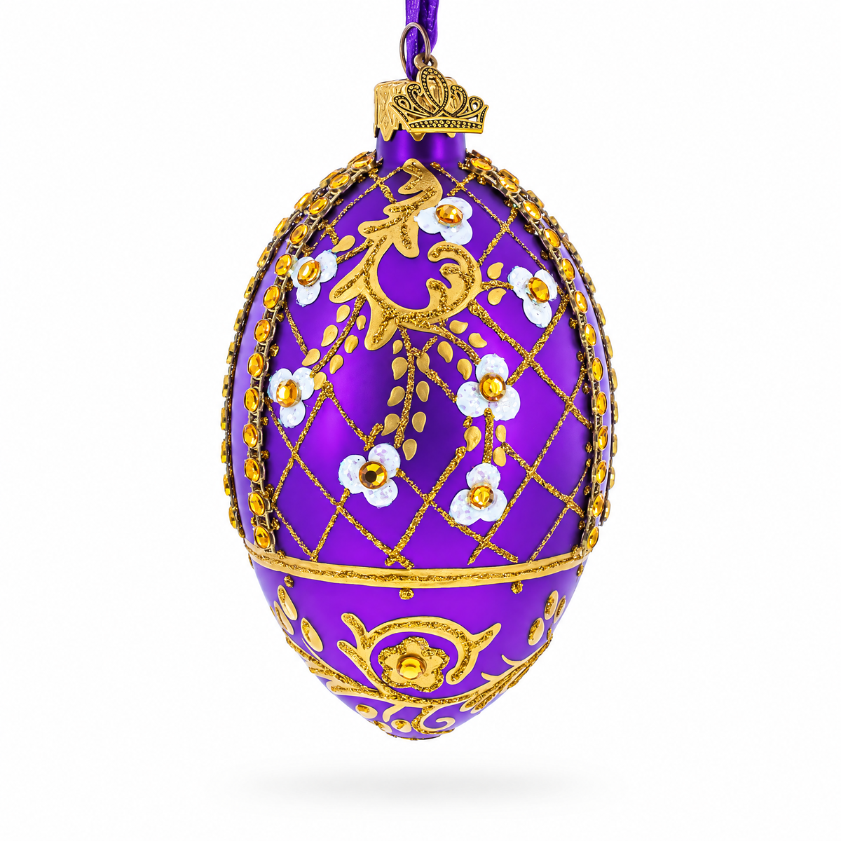 White Flowers on Purple Lattice Glass Egg Ornament 4 Inches