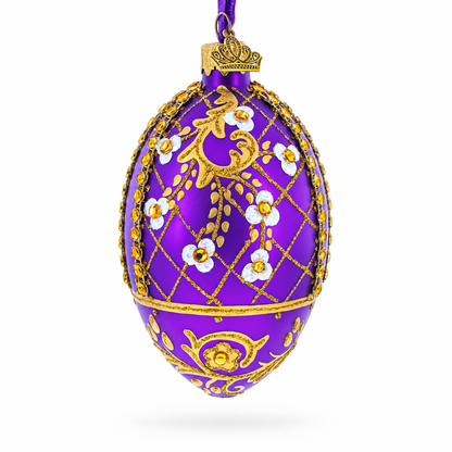 White Flowers on Purple Lattice Glass Egg Ornament 4 Inches