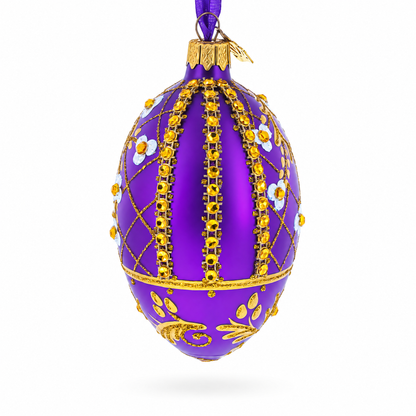 White Flowers on Purple Lattice Glass Egg Ornament 4 Inches